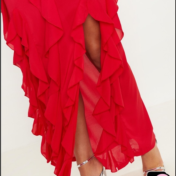 PrettyLittleThing Red Ruffle Maxi Dress - Picture 4 of 5